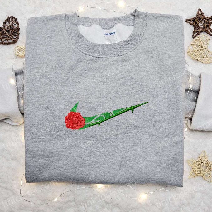 Custom Rose Flower x Swoosh Embroidered Shirt Sweatshirt & Hoodie Nike Inspired Collection