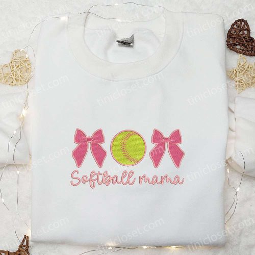 Softball Mama Coquette Bows Shirt: Mother’s Day Embroidered Hoodie – Best Gift for Mom