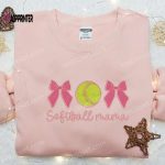 Softball Mama Coquette Bows Shirt: Mother’s Day Embroidered Hoodie – Best Gift for Mom