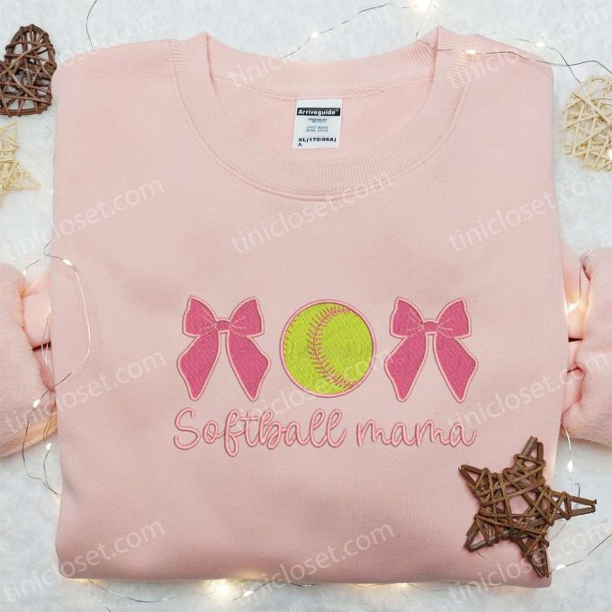 Softball Mama Coquette Bows Shirt: Mother’s Day Embroidered Hoodie – Best Gift for Mom