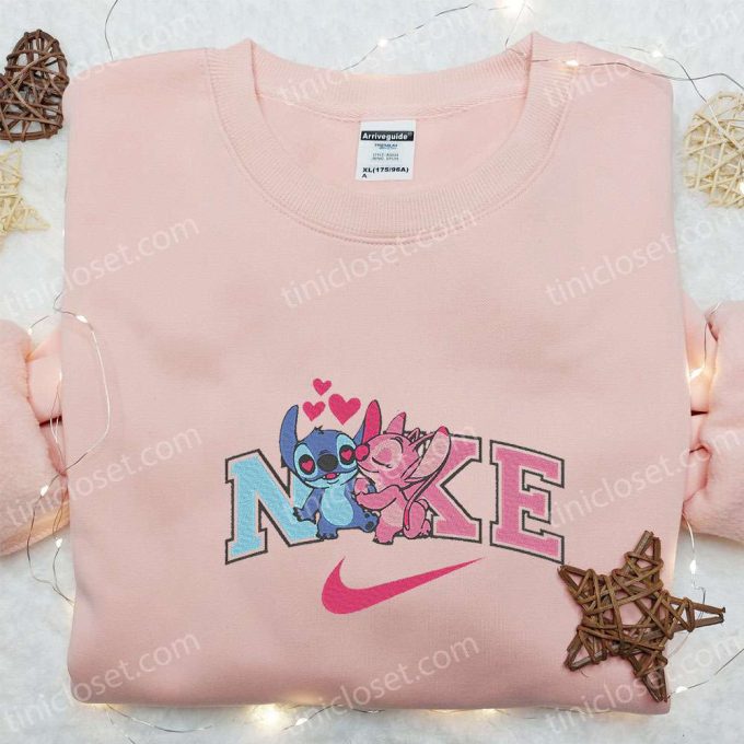 Stitch Angel Couple Love x Nike Embroidered Sweatshirt Lilo and Stitch Disney Shirt – Best Valentine Gift