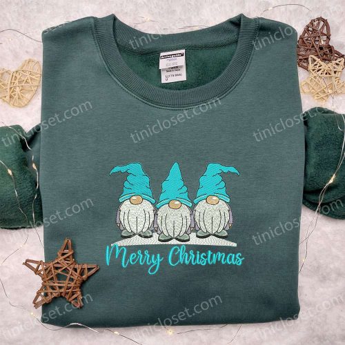 Blue Merry Christmas Shirt & Hoodie: Embroidered Gnomes – Perfect Family Gifts