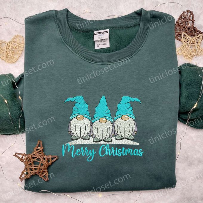 Blue Merry Christmas Shirt & Hoodie: Embroidered Gnomes – Perfect Family Gifts