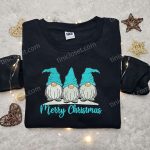 Blue Merry Christmas Shirt & Hoodie: Embroidered Gnomes – Perfect Family Gifts