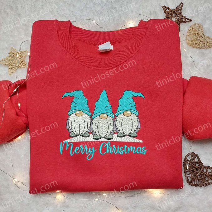 Blue Merry Christmas Shirt & Hoodie: Embroidered Gnomes – Perfect Family Gifts