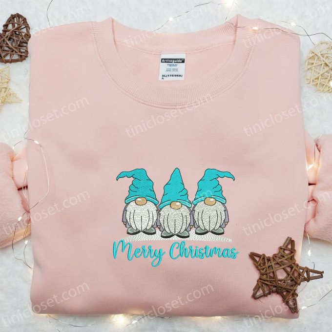 Blue Merry Christmas Shirt & Hoodie: Embroidered Gnomes – Perfect Family Gifts