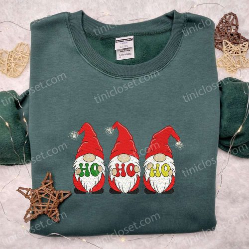 Three Gnomes Ho Ho Ho Embroidered Hoodie: Funny Christmas Shirt Best Family Gift