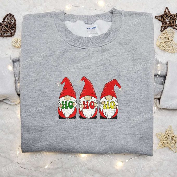 Three Gnomes Ho Ho Ho Embroidered Hoodie: Funny Christmas Shirt Best Family Gift