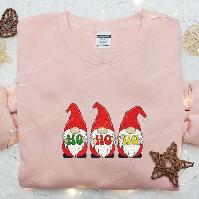 Three Gnomes Ho Ho Ho Embroidered Hoodie: Funny Christmas Shirt Best Family Gift