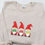 Three Gnomes Ho Ho Ho Embroidered Hoodie: Funny Christmas Shirt Best Family Gift