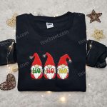 Three Gnomes Ho Ho Ho Embroidered Hoodie: Funny Christmas Shirt Best Family Gift