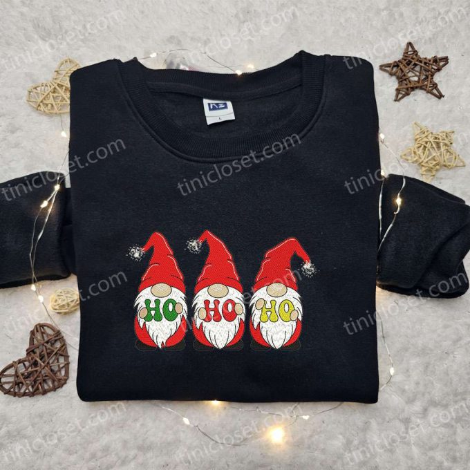 Three Gnomes Ho Ho Ho Embroidered Hoodie: Funny Christmas Shirt Best Family Gift