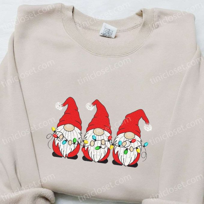 Christmas Embroidered Sweatshirt: Three Little Gnomes with Lights – Perfect Gift Idea!