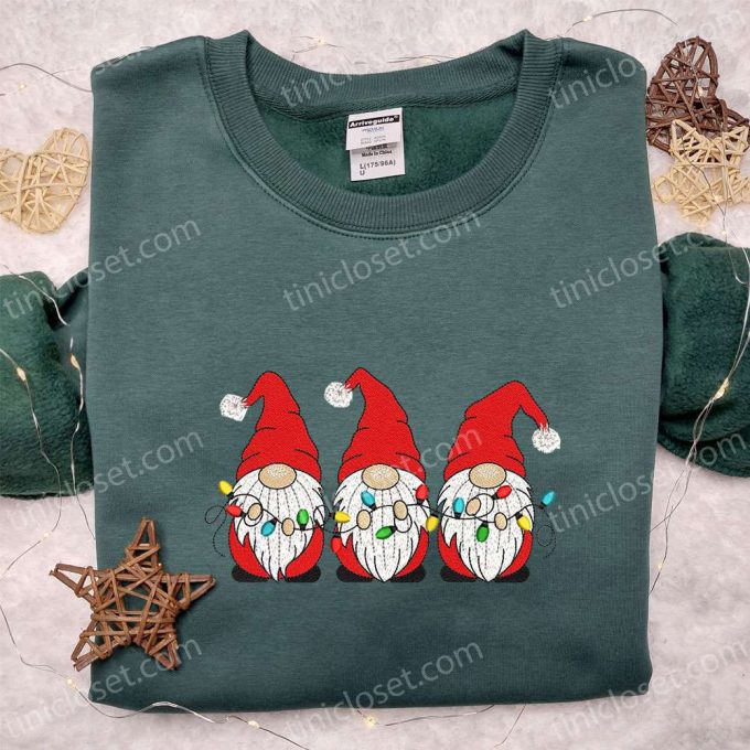 Christmas Embroidered Sweatshirt: Three Little Gnomes with Lights – Perfect Gift Idea!