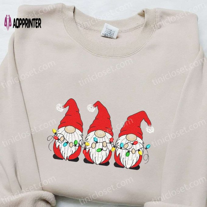 Christmas Embroidered Sweatshirt: Three Little Gnomes with Lights – Perfect Gift Idea!