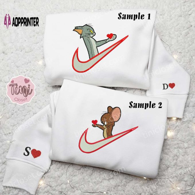 Tom And Jerry Giving Heart x Nike Couple Embroidered Shirt – Cartoon Hoodie & Sweatshirt for Valentine’s Day