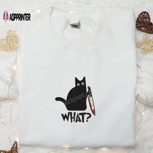 Spooky Funny Black Cat with Knife Embroidered Shirt – Perfect Halloween Gift