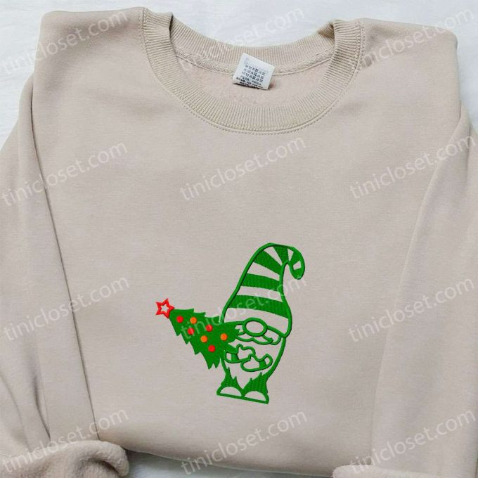 Winter Gnome Christmas Tree Embroidered T-shirt: Best Christmas Gift Idea for Festive Style