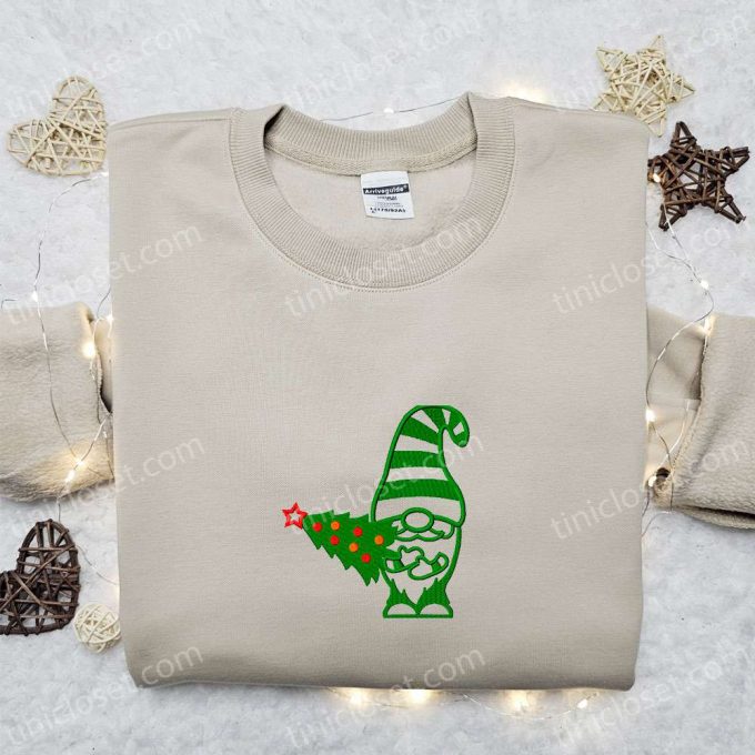 Winter Gnome Christmas Tree Embroidered T-shirt: Best Christmas Gift Idea for Festive Style