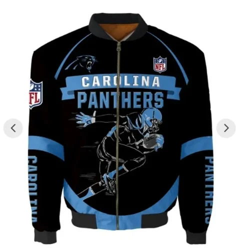 Carolina Panthers Players Running Pattern Bomber Jacket – Black And Blue