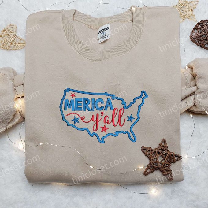 Merica Y all Map Embroidered Shirt: Best 4th of July Patriotic Shirts & National Day Gifts