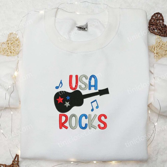 Rock 4th of July with USA Guitar Rocks Embroidered Shirt – Best Patriotic Shirts & National Day Gifts