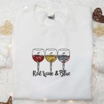 Show Your Patriotic Spirit with America Red White and Blue Wine Glass Embroidered Shirt – Perfect National Day Gift!