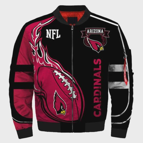 Arizona Cardinals Logo Fire Ball Pattern Bomber Jacket – Black And Red