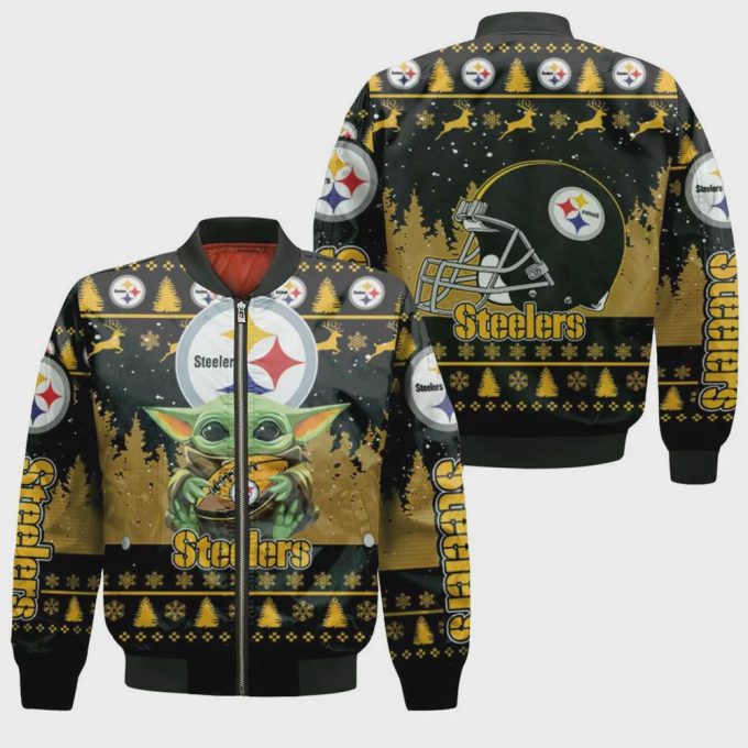 Baby Yoda Hugs Pittsburgh Steelers Christmas Pattern Bomber Jacket – Yellow And Black