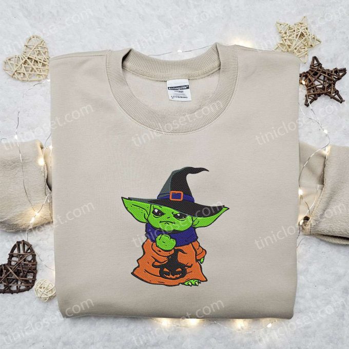 Spooktacular Baby Yoda Witch Sweatshirt: Halloween Embroidered Hoodie & Gifts