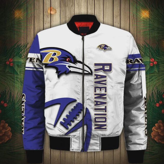 Baltimore Ravens Graphic Ball Pattern Bomber Jacket – White Purple