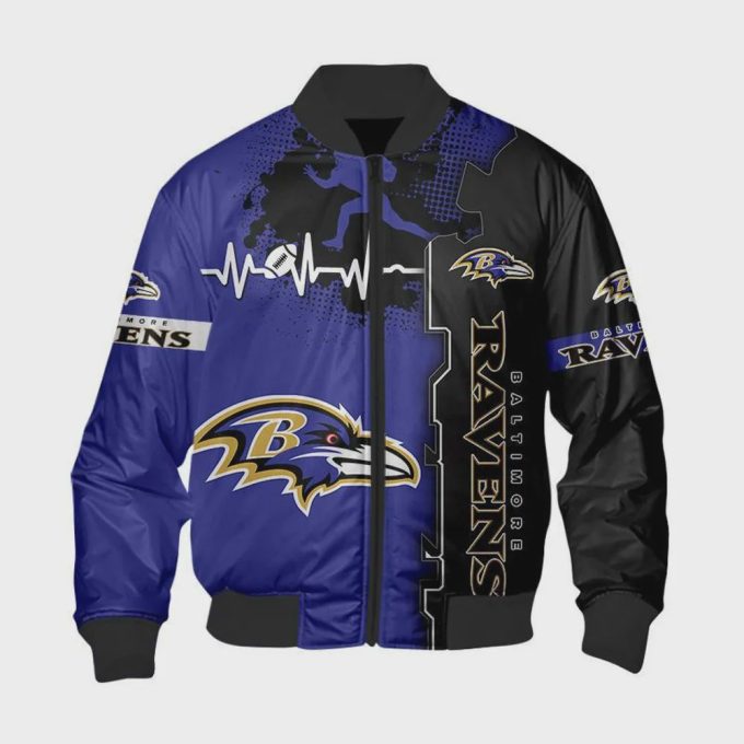 Baltimore Ravens Heart ECG Line Pattern Bomber Jacket – Purple Black