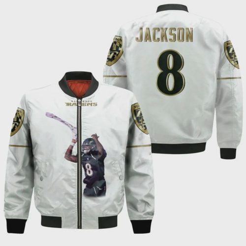 Baltimore Ravens Lamar Jackson Pattern Bomber Jacket – White