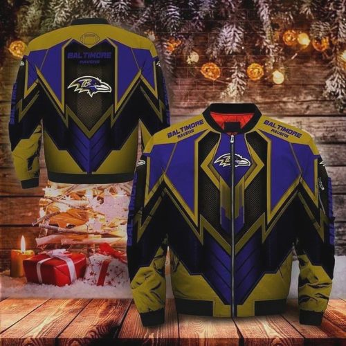 Baltimore Ravens Logo Pattern Bomber Jacket – Navy Blue And Yellow