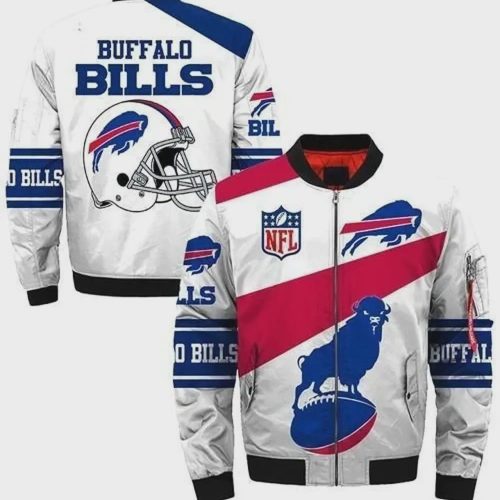 Buffalo Bills Logo Pattern Bomber Jacket – White