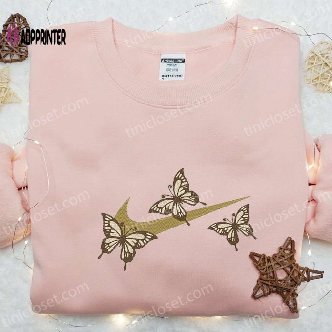 Nike Embroidered Shirt & Hoodie: Butterflies x Swoosh Design Animal Theme Custom T-shirt Option