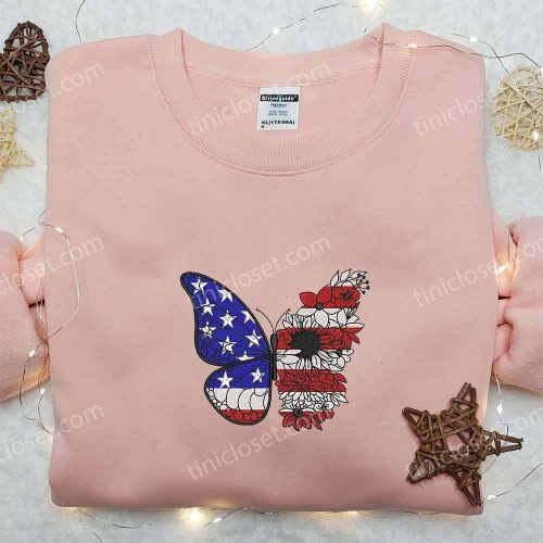 Celebrate Independence Day with Butterfly x America Flag Embroidered Shirt – Perfect National Day Gift