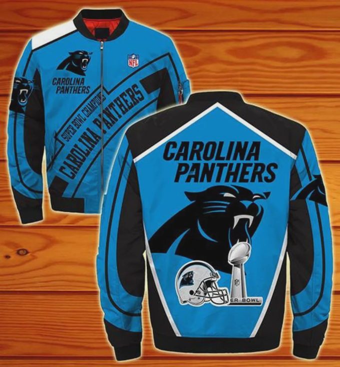 Carolina Panthers Big Logo And Text Pattern Bomber Jacket – Blue Black