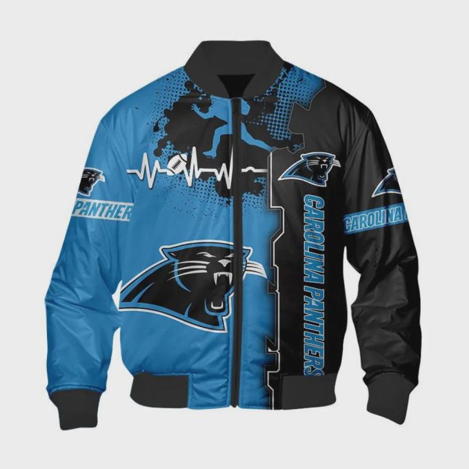 Carolina Panthers Heart ECG Line Pattern Bomber Jacket – Blue Black