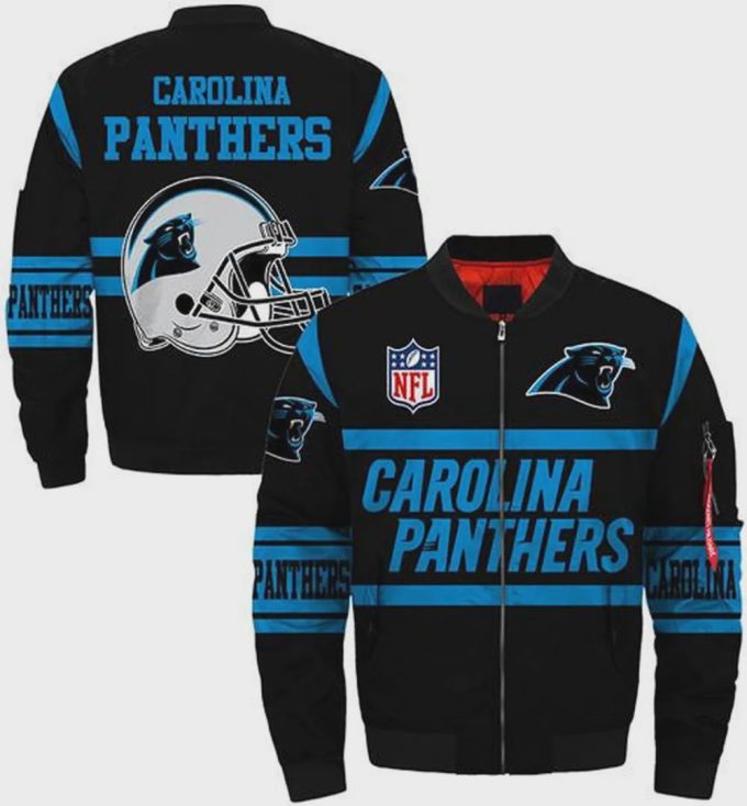 Carolina Panthers Helmet And Text Pattern Bomber Jacket – Black Blue