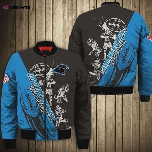 Carolina Panthers Big Logo And Text Pattern Bomber Jacket – Blue Black