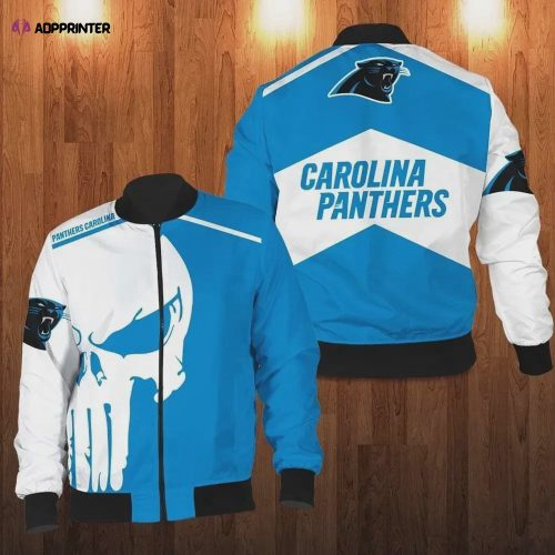 Carolina Panthers Punisher Skull Pattern Bomber Jacket – Blue And White