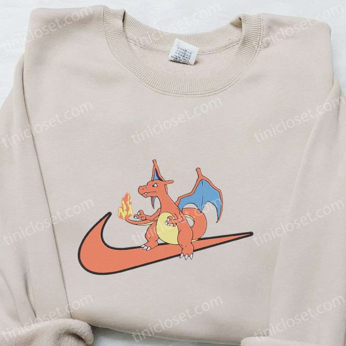 Charizard x Swoosh Anime Embroidered Sweatshirt – Nike Inspired Hoodie Perfect Birthday Gift for Family