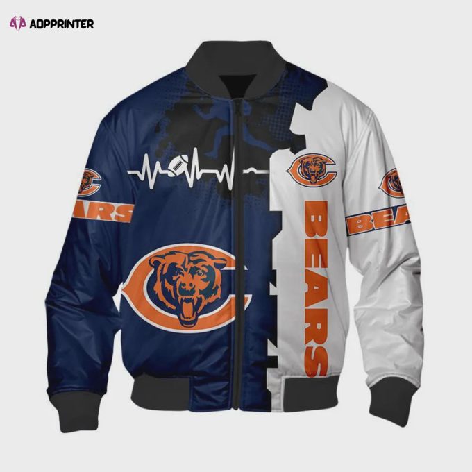 Chicago Bears Heart ECG Line Pattern Bomber Jacket – Blue White