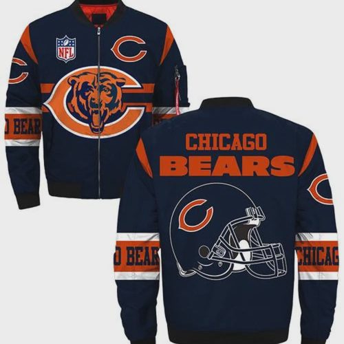 Chicago Bears Logo And Helmet Pattern Bomber Jacket – Blue Orange