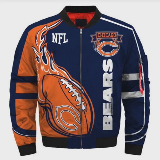 Chicago Bears Logo Pattern Bomber Jacket – Navy And Orange