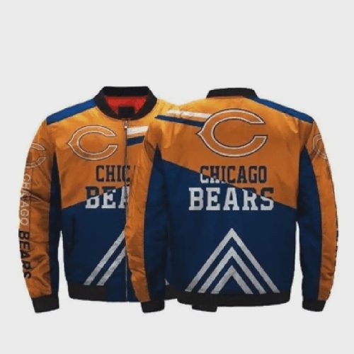 Chicago Bears Team Logo Pattern Bomber Jacket – Blue And Orange