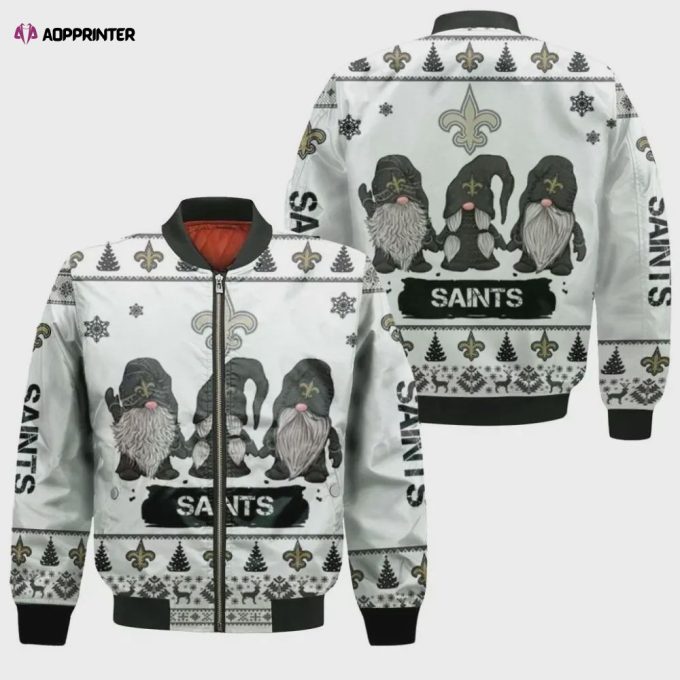 Christmas Gnomes New Orleans Saints Ugly Pattern Bomber Jacket – White