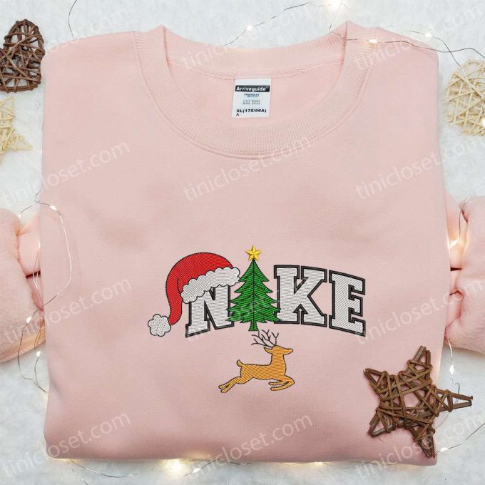 Nike Embroidered Christmas Sweatshirt & Shirt: Festive Tree Reindeer Design – Best Gift Ideas