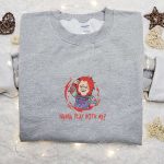 Get Spooked with Chucky Wanna Play With Me Embroidered Shirt – Horror Movie Characters & Spooky Shirts